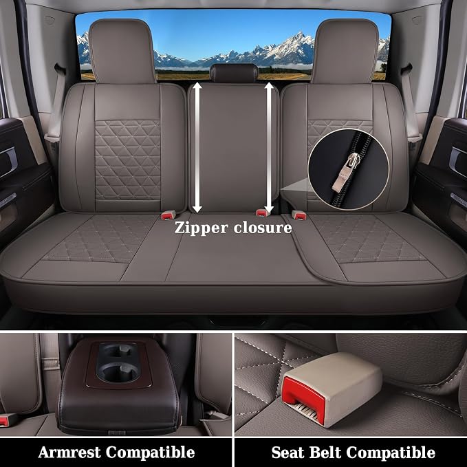 Coverado Leather Car Seat Covers, Waterproof Dooge Ram 1500 Seat Covers Compatible with 2002-2026 Dodge Ram 1500 2500 3500 with Flat Bench (Full Set, Coffee) - Image 3