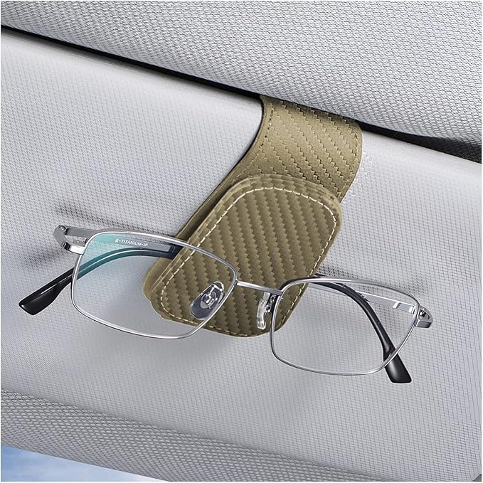 AICEL Sunglasses Holders for Car Sun Visor, Leather Magnetic Clip, Beige | Leather Eyeglasses Hanger Mounter, Magnetic Glasses Holder and Ticket Card Clip, Car Accessories, Universal Fit by AICEL