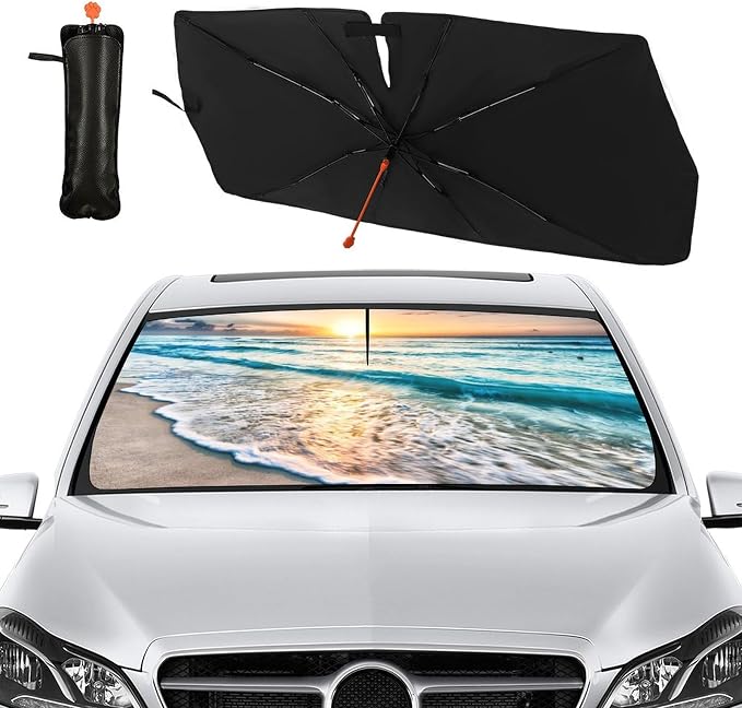 Socira Beach Sun Shade Car Windshield Umbrella Beach Sunshade Window Shades | Windshield Sun Shade Umbrella Beach Car Accessories Fits Most Trucks & SUVs 57'' x 30'' by Socira