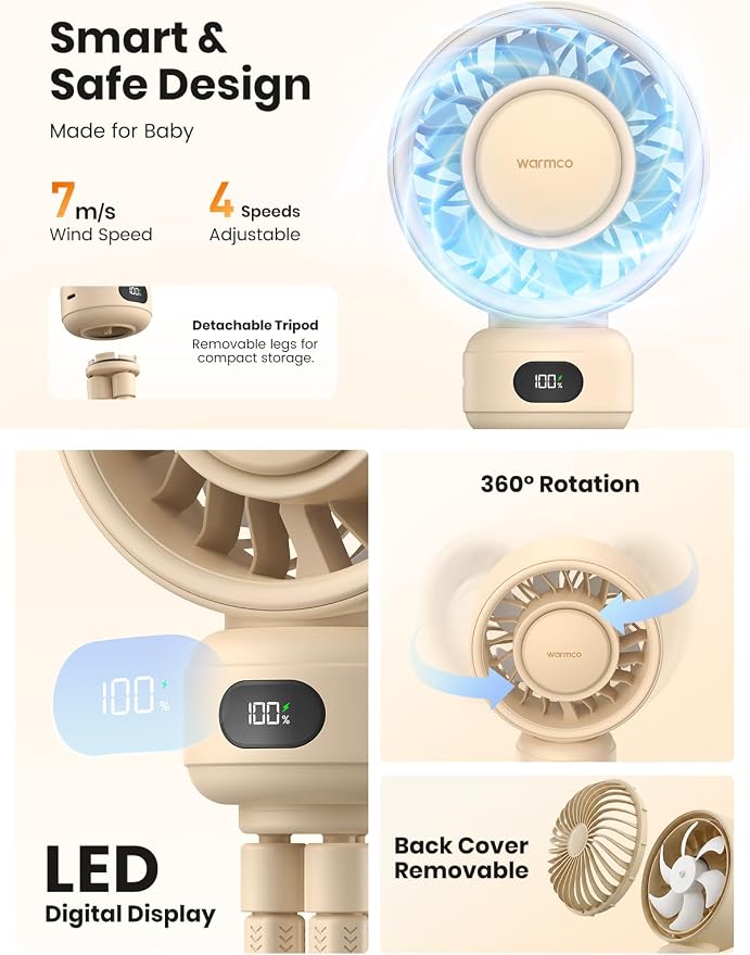 Warmco Portable Stroller Fan, 4000mAh Rechargeable Clip On Fan | Flexible Tripod (Up to 15H), 4 Speeds, LED Display, Detachable Grille, Quiet Operation, for Car Seat, Crib - Image 5