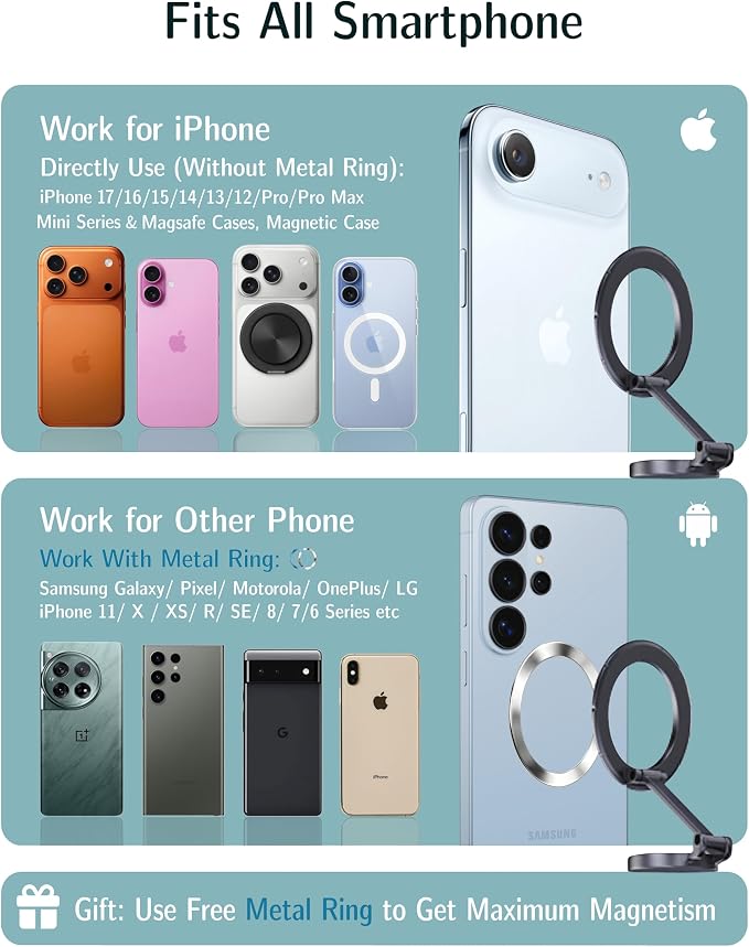 AAF for MagSafe Car Mount, Ultra-Strong Magnetic Phone Holder for Car &Bed &Desk Compact Dashboard Windshield, All Metal 360°Free Rotation [One-Hand Adjustable] Foldable, Easy Setup for iPhone Android - Image 6