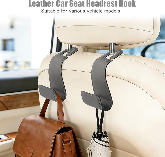 2-Pack Car Headrest Hooks, 1.1-Inch Wide Purse Hangers, Grey | Microfiber leather hooks with built-in metal cores keep purses, groceries and backpacks organized and within reach - Image 2