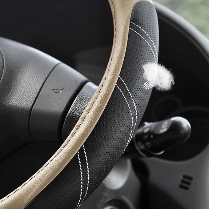 Elantrip Sport Leather Steering Wheel Cover 14 1/2 inch to 15 inch Universal, Padded Soft Grip Breathable for Car Truck SUV Jeep, Anti Slip Odorless Black and Beige - Image 3
