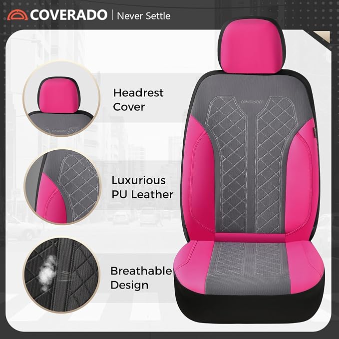 Coverado Car Seat Covers 2-Pack, Luxury Front Seat Covers, Automotive Car Seat Protectors, Pink Seat Covers Universal Fit for SUVs, Trucks, Sedans - Image 2