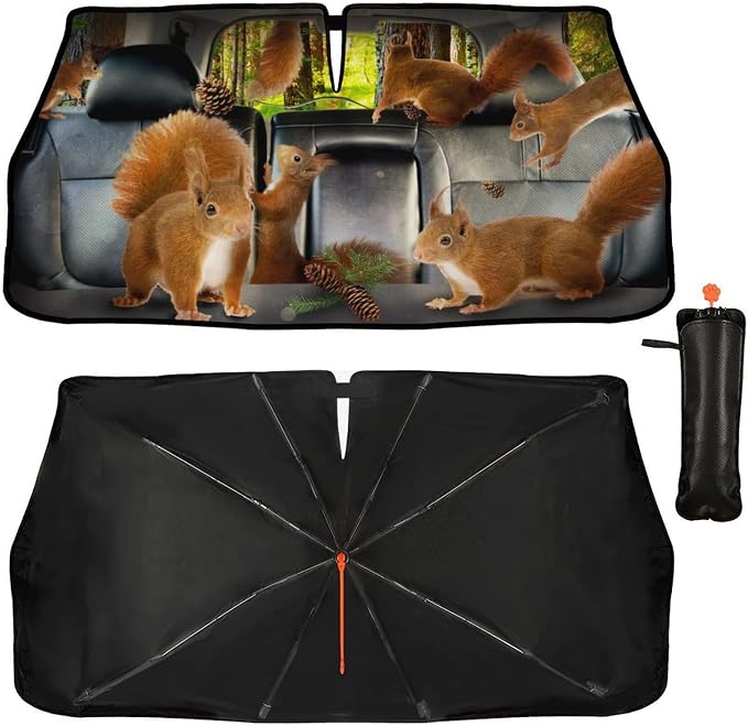 Squirrel Car Windshield Sunshade Umbrella Cute Sun Shade Umbrella for Car Foldable Windshield Umbrella Block UV Rays Heat Keep Vehicle Cool for Cars SUV 57"x30" by PZTZH