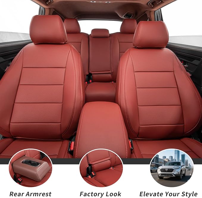 Custom Seat Covers for 2012-2014 Honda CR-V,Premium Faux Leather Car Seat Cover Set,Full Set Waterproof SUV Seat Protector,Armrest Covers Included (Wine Red) - Image 3