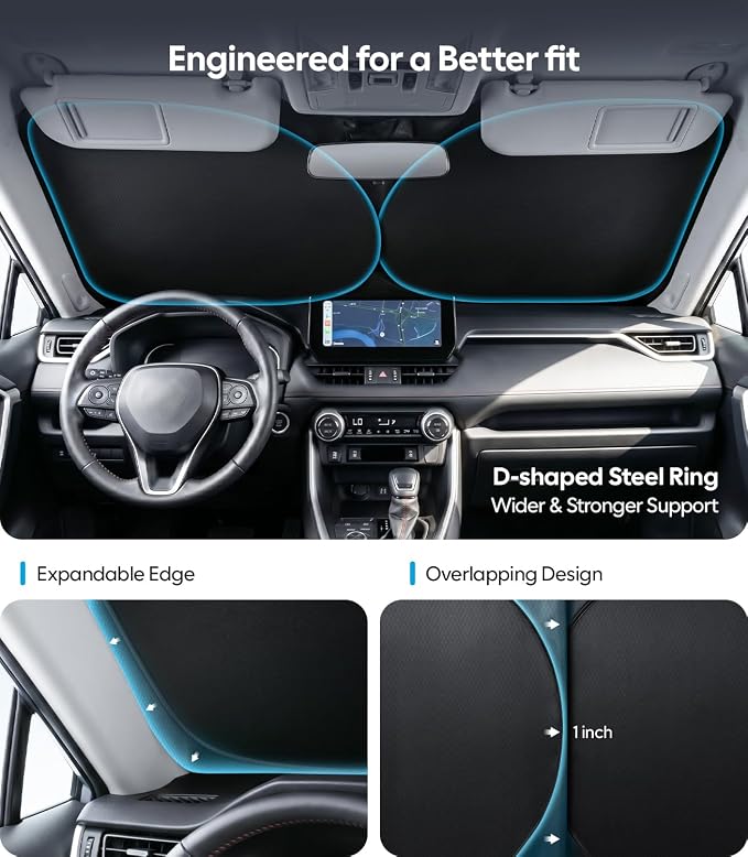 Wigoo Windshield Sunshade X-Large(69"x38") | Better Coverage with Adjustable Center, 100% Light Blocking, Cooling Tech Durable Fabric, Includes Storage Bag, Odor-free - Image 4