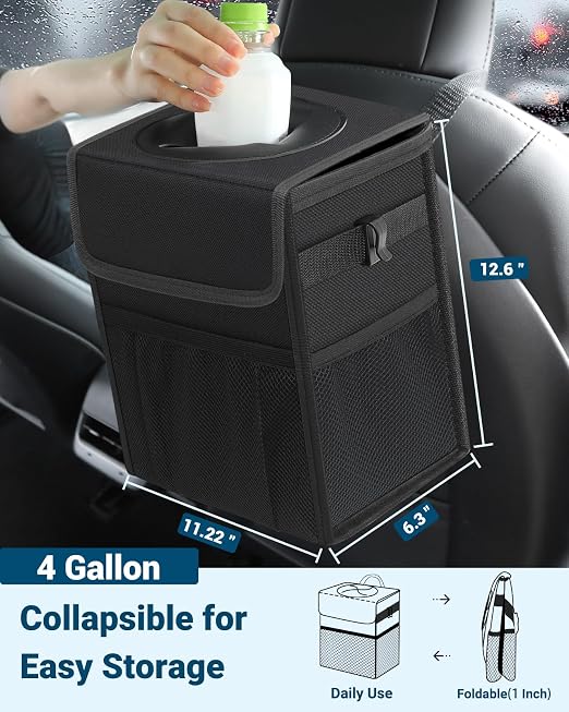 Capolo Car Trash Can with Lid, Leakproof Car Garbage Can Car Trash Bag | Waterproof, Trash Can for Car, 3 Mesh Pockets, Mini Hanging Vehicle Car Trash Bin, for Back/Front Seat (Black,4 Gal) - Image 2
