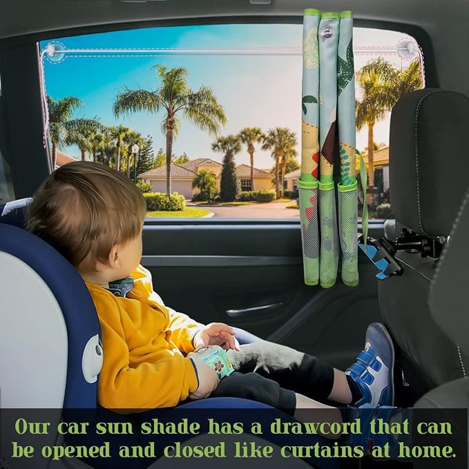 DIZA100 Car Window Shade for Baby, 2 Pack Car Sun Shades with Storage Pockets Car Window Curtain 7 Suction Cups Dinosaurs Pattern for Sun/Heat/UV Rays Protection - Image 3