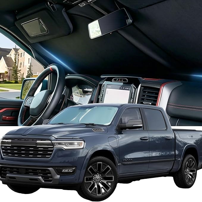 Cooling Windshield Sun Shade for Dodge RAM 1500 2011-2026, 240T Beige | Heat-Insulating Fabric, 99% UV Protection and Heat Insulation, Foldable, Storage Bag Included, for Cars SUVs and Trucks by AUTOWOEL