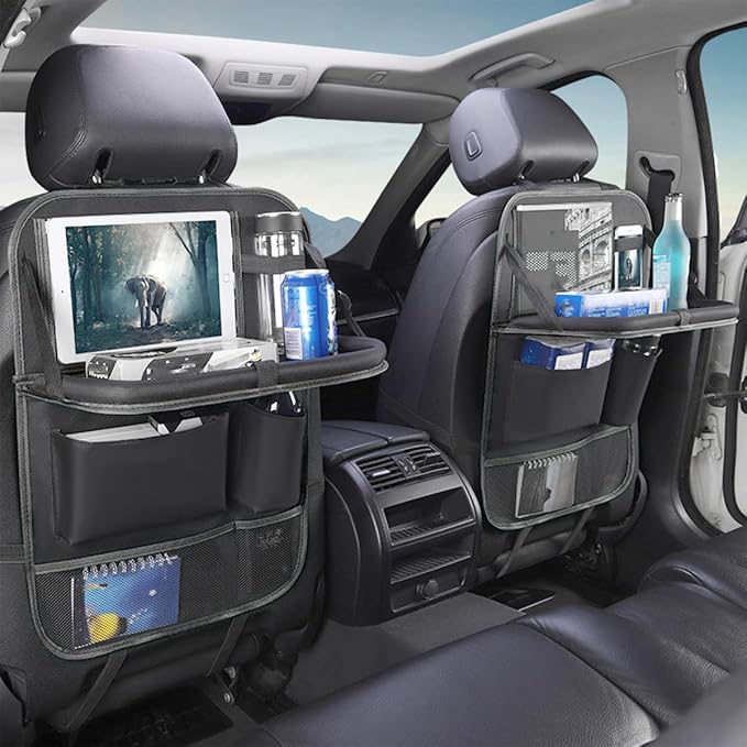 Car Backseat Organizer with Foldable Table Tray, 6 Storage Pocket Vehicle Seat Back Protector Kick Mat with Touch Screen Phone Holder, Auto Seat Organizer for Travel, Universal Fit (Black) - Image 6