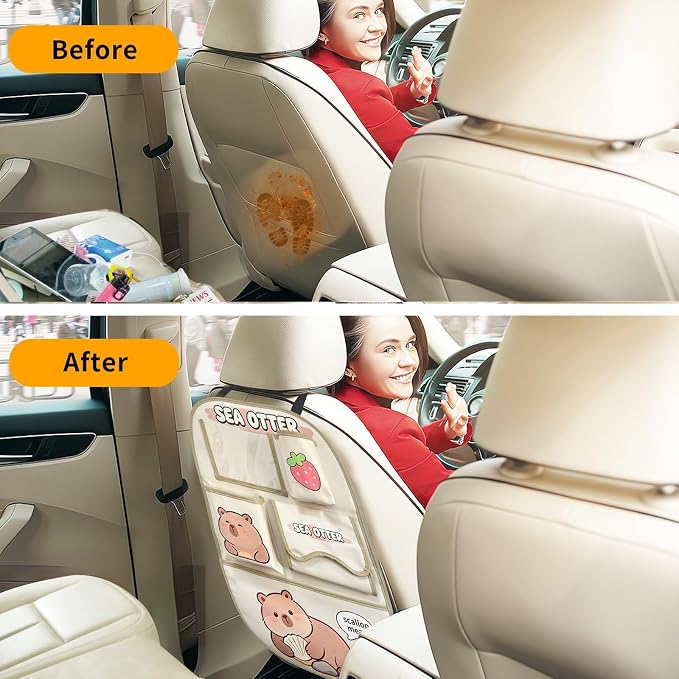 kids Leather Car Backseat Organizer with Foldable Table Tray, Car Storage Organizer with Tablet Holder, Car Seat Back Protectors Kick Mats, Travel Accessories (SEA OTTER2) - Image 5