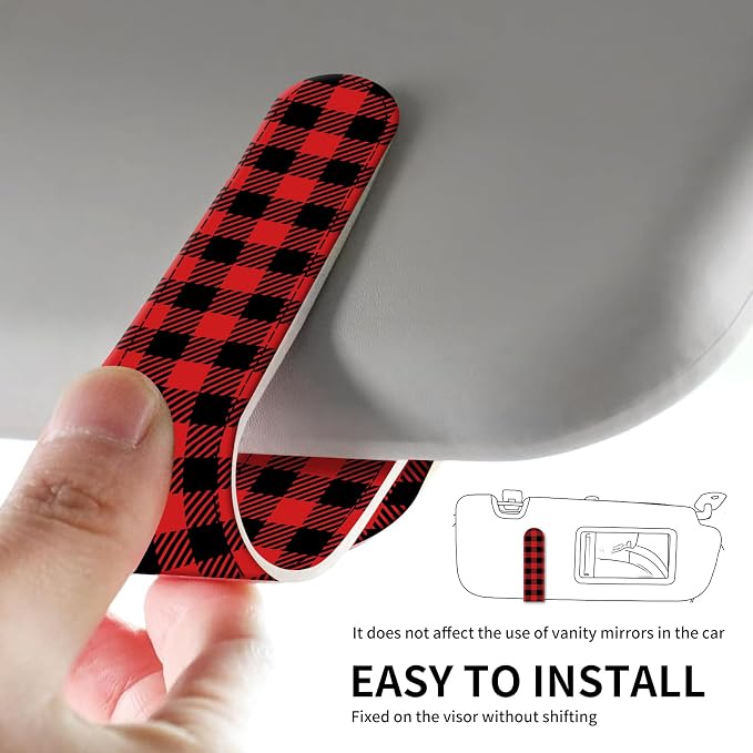 Leather Magnetic Sunglass Holder for Car Sun Visor, Cute Eyeglass Ticket Card Hanger Clip, Universal Auto Interior Accessories for SUV Pickup Truck Red Plaid - Image 5