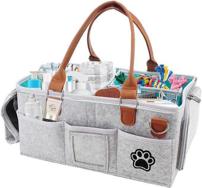 Felt Dog Grooming Bag,Portable Tote Bag for Dogs Cats,Dog Storage Organizer for Grooming Tool Kit,3 Compartments Pet Stuff Oganizers with 8 Pockets-Grey by Brabtod