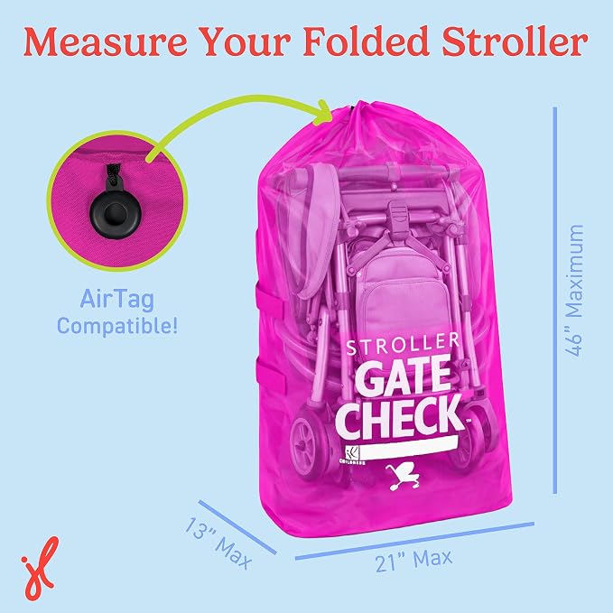 J.L. Childress Gate Check Bag for Single & Double Strollers, Neon Pink | AirTag compatible Gate Check Bag keeps strollers clean, protected & easy to identify when airport gate checking - Image 3