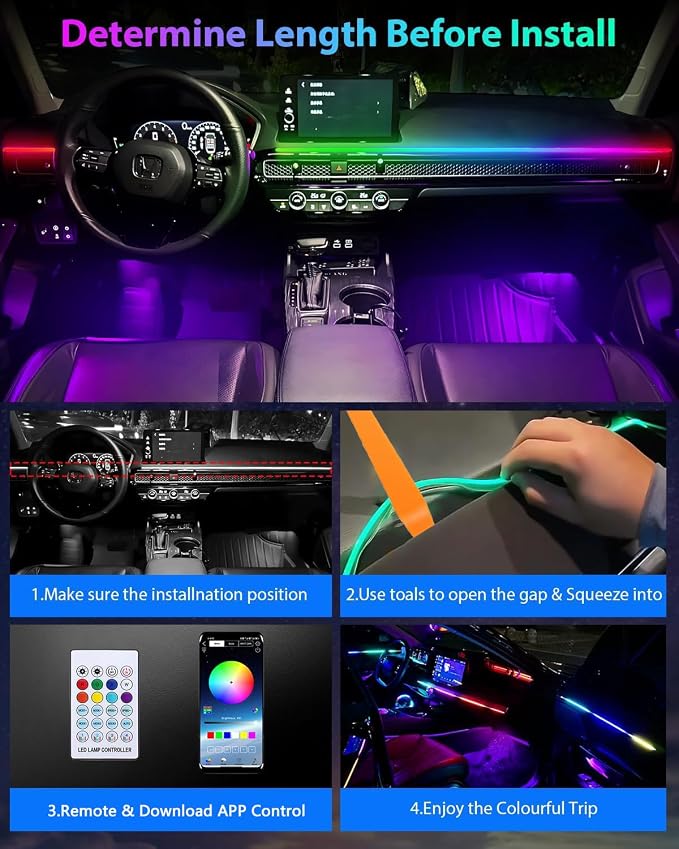 Acrylic LED Lights for Car, 43.3in RGB Interior Light Strip, 146 LEDs | USB Port, APP Control, Music Sync and Color Changing RGB Ambient Lighting for Car Interior, Gifts for Women and Men - Image 6