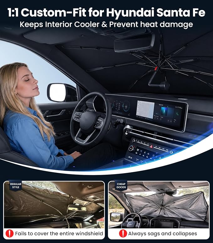 Zanch 2026 Upgraded Windshield Sun Shade Umbrella: Custom Fit for Hyundai Santa Fe 2015-2026 Front Window Sunshade, Block UV Rays & Keep Car Cool, 1:1 Scan for Santa Fe, No Gaps & No Scratches. - Image 2