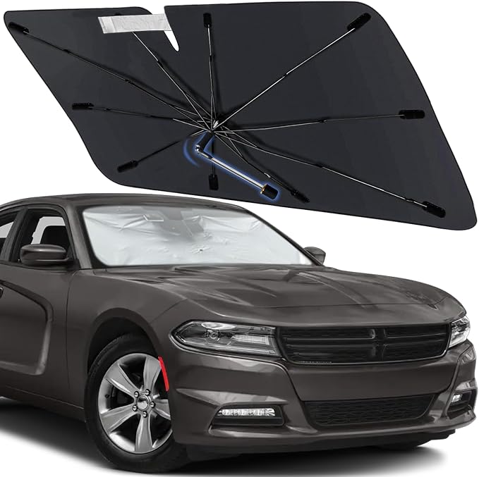 Windshield Sun Shade Umbrella for Dodge Charger 2011-2024, Foldable Front Window Sunshade with 360° Rotating Shaft, Custom Fit Car Shades for Charger Accessories with UV & Heat Protection by Visufy
