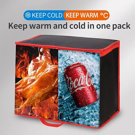Bodaon 2-Pack Insulated Reusable Grocery Shopping Bags, X-Large Picnic Cooler Bag with Zipper Zippered Top Cold, Black with Red Edge - Image 3