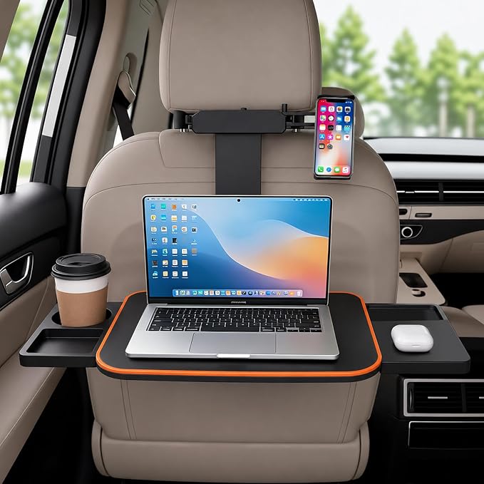 Large Car Tray Table for Back Seat with Adjustable Height | Foldable Car Desk for Laptop , Hidden Cup Holder & Phone Holder, Heavy Duty Travel Food Tray for Eating Working Road Trips by MOOMARTO
