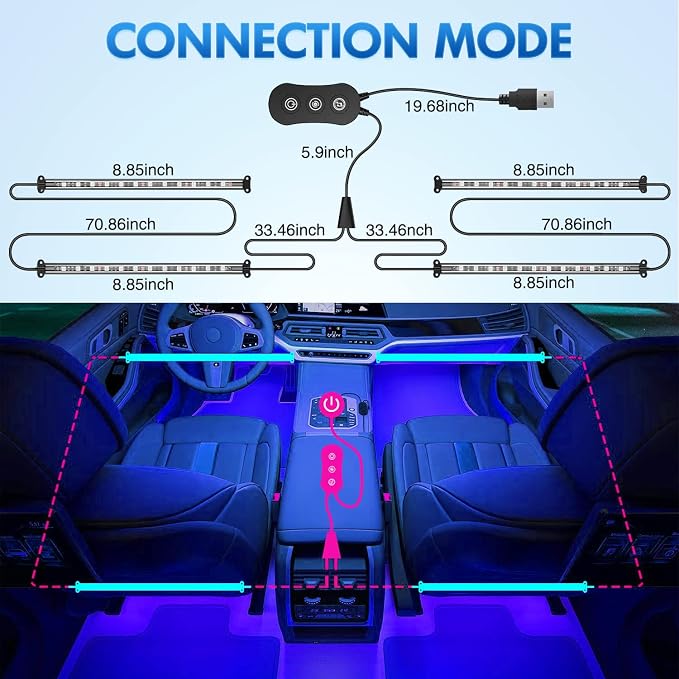 Nilight 4PCS USB Car Interior Lights RGB App and Button Control | 5V DC Multi Color Music Car Neon Accent Light Strips Under Dash Lighting Kit with Sound Active Function - Image 3