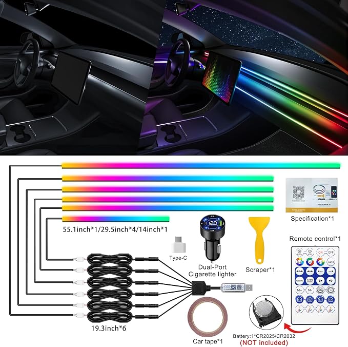 Dreamcolor Acrylic Interior Car LED Strip Light with USB/Type C/4-Port Cigarette Lighter,RGB 6 in 1 with 187 inches 650 LEDs Ambient Lighting Kits, Sound Active Function Neon Led Strips for Car - Image 2