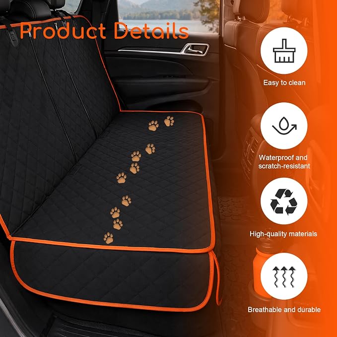 Car Back Seat Cover, Waterproof Non-Slip Pet Rear Seat Protector with Side Flaps, Scratchproof Oxford Cloth Pet Bench Backseat Cover for Most Vehicles, Car Accessories (Black & Orange) - Image 4