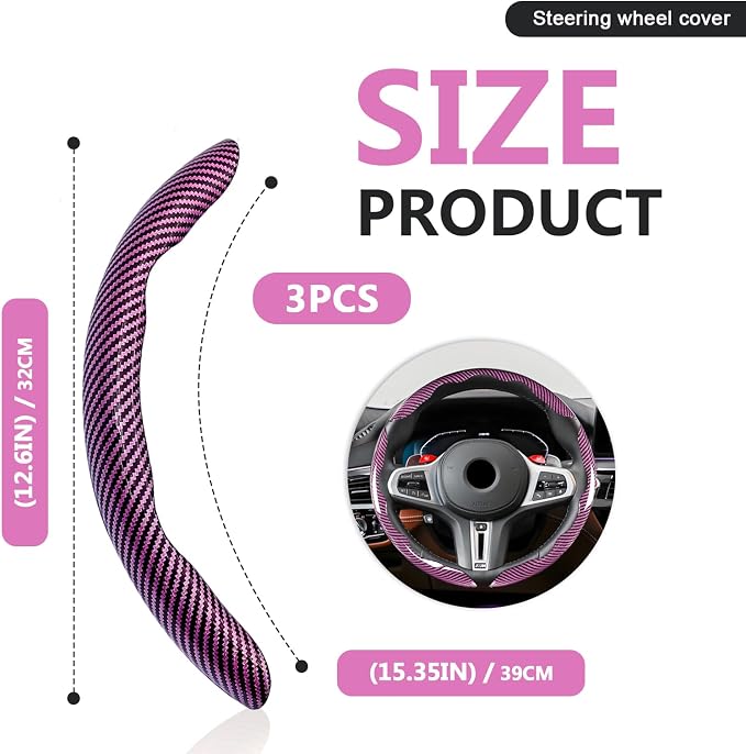 3pcs Universal Carbon Fiber Steering Wheel Cover - Anti-Slip & Segmented Design, Universal 99% Durable Steering Wheel Protector for Men and Women, Car Interior Accessory (Pink) - Image 2