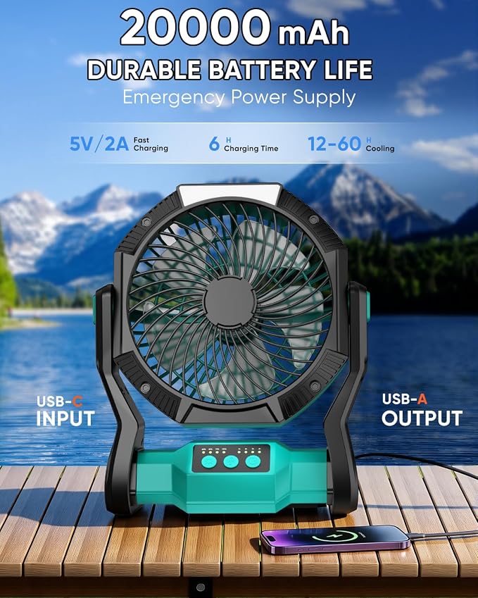 Portable Rechargeable Fan, 20000mAh Battery Powered Camping Fan with LED Light & Hook, 270° Adjustable, 4-Speed, 4H Timer Camping Essentials for Outdoor Tent Travel BBQ Car_Blue - Image 5
