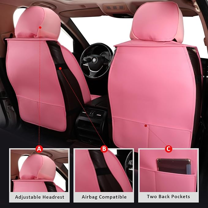 Front Seat Covers,Leather Car Seat Covers,Pink Seat Cover Universal | Seat Covers Pink,Leather Car Seat Cover,2pcs Front Seat Protector For Most SUV Sedan Truck,For Families Pets Commuter - Image 2