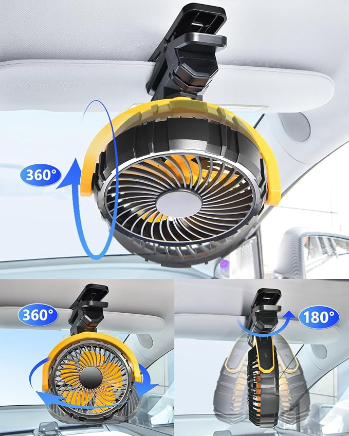 Battery Powered Fan for Car Visor Back Seat Roof Handle (Yellow) | 2000mAh Rechargeable Clip On Fan for Car SUV Van RV Pickup Truck Camping Desk Bed Stroller Baby Crib, Quiet, 360 Rotation - Image 3