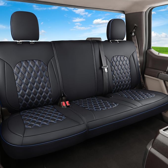 Huidasource Custom Fit Ford F150 Rear Bench Split Leather Seat Covers Fit for 2015-2026 F150 SuperCrew & 2017-2026 F250 F350 F450 Super Duty Crew Cab Pickup King Ranch Platinum(Back Row/Black&Blue) by Huidasource