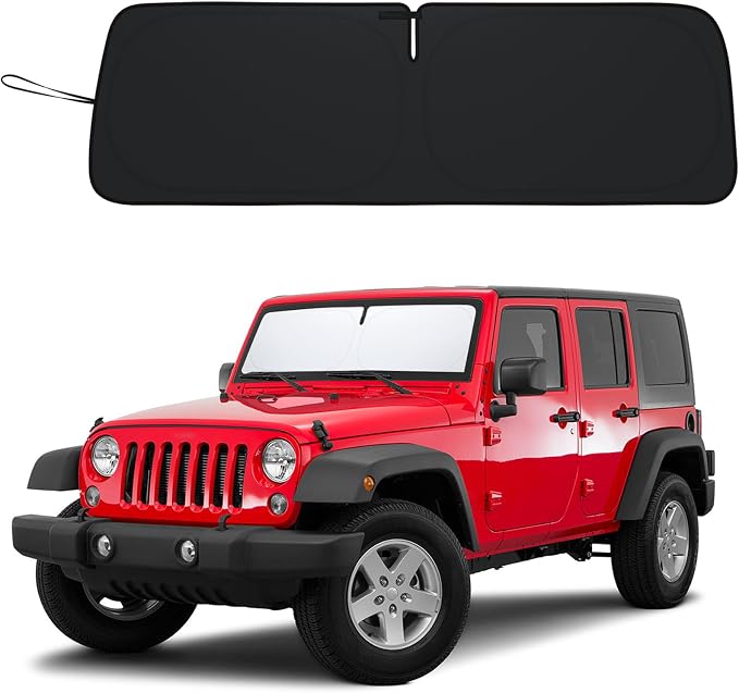 Windshield Sun Shade for Jeep Wrangler JK 2007-2018, Foldable Heat Shield with UV Protection, Custom Fit for 2/4 Door Models, Car Window Visor Accessories by PIMCAR