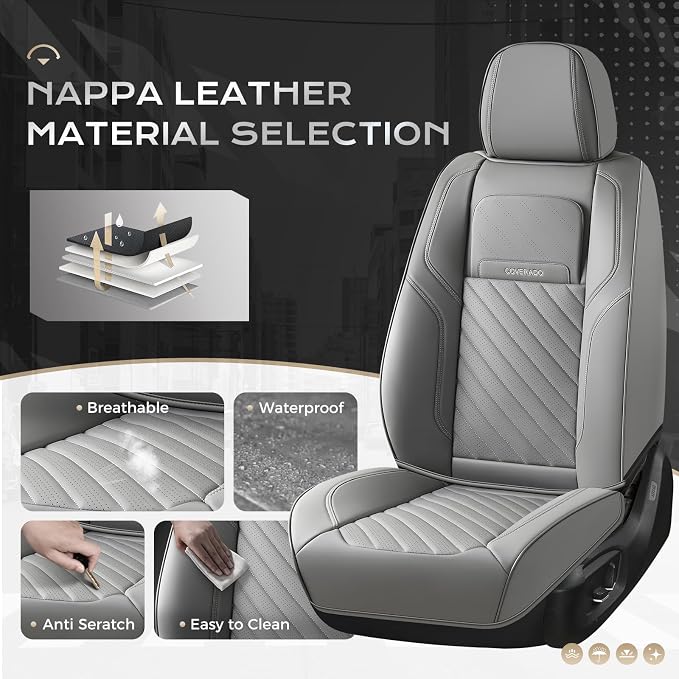 Coverado Car Seat Covers Full Set 5 Pieces, Luxury Nappa Leather Seat Covers Universal Fit Waterproof Non-Slip Breathable Front & Back Automotive Seat Protectors for Cars, SUVs, Trucks - Image 3