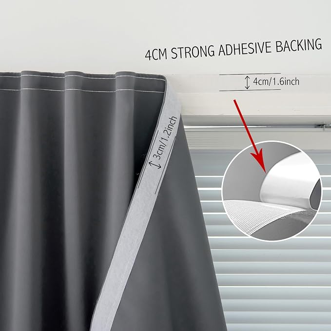 Blackout Curtains with Self Adhesive Tape No Rod No Drill Easy Install Window Cover for Bedroom Kitchen Dorm 46" W x 71" L Grey 1 Panel - Image 7