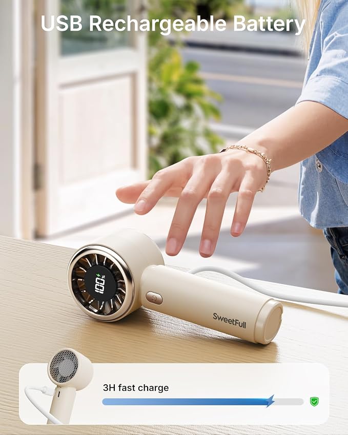 SWEETFULL Portable Handheld Fan, Mini Rechargeable Personal Hand Fan | Strong Airflow, Pocket-Sized, Up to 12H, 5 Speeds, Quiet Cooling Travel Essentials, Cute Gifts for Women, Girls, Lash, Makeup - Image 4