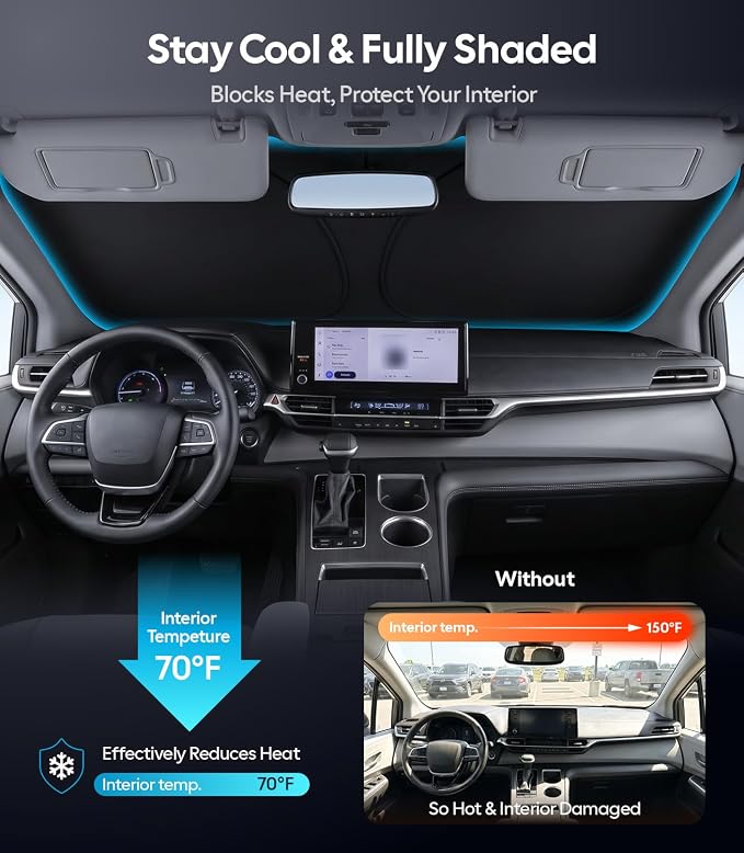 Wigoo for Toyota Sienna Windshield Sunshade, Custom Fit, Keeps Car Cool | Custom Fit, Cooling Tech Fabric, Foldable Heat-Blocking Sunshade with Storage Bag, for Toyota Sienna 2011-2026 Accessories - Image 2