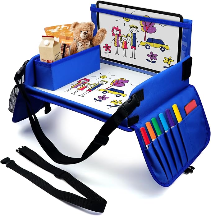 Travel Tray for Kids, Carseat Table Tray for Road Trip Activities, Toddler Lap Desk Organizer for Airplane - Blue by Julaiwy