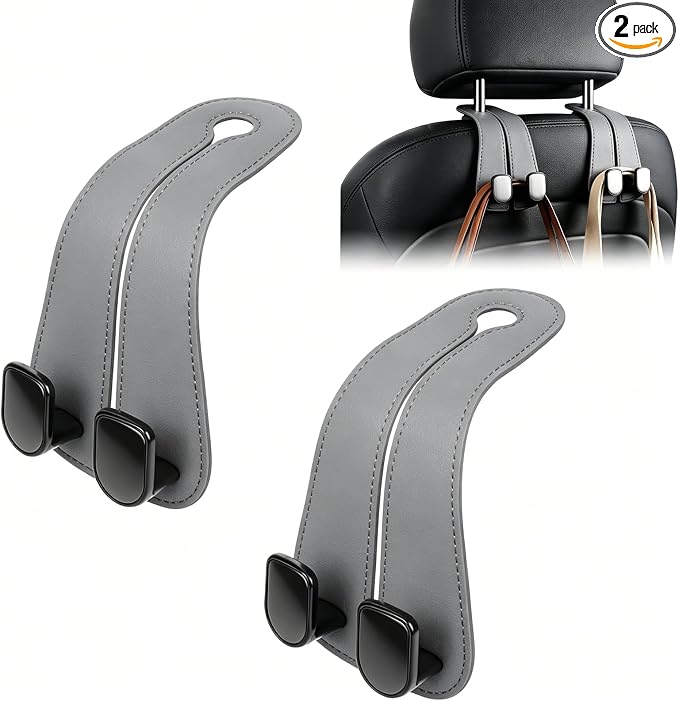 Leather Car Bag Hooks, 2 Pack Headrest Hooks for Handbags & Groceries(Grey) | Double Hook Anti-Drop Design, Holds Up to 50 lbs, Purse Holder, Car Organization, Vehicle Accessories by Unknown