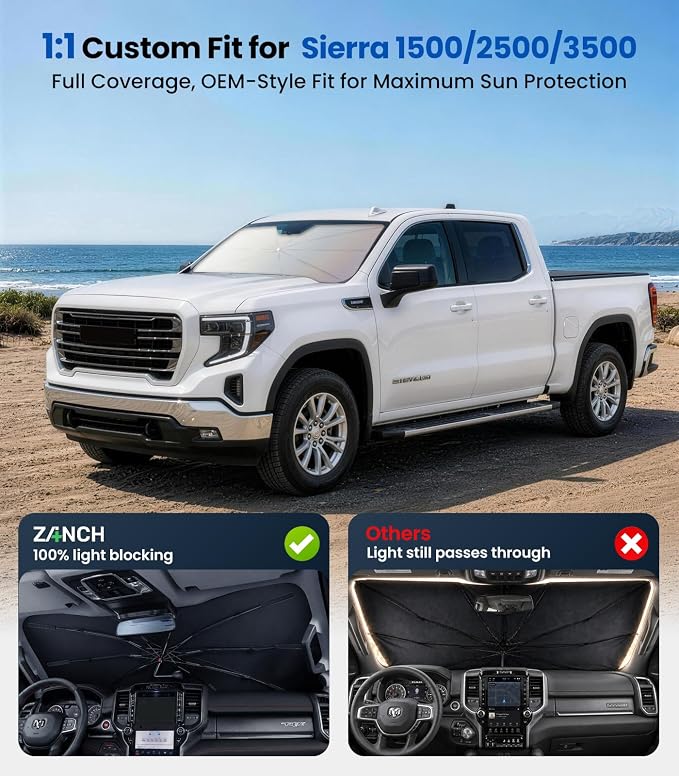 Zanch Windshield Sun Shade Umbrella : GMC Sierra 1500/2500/3500 2000-2026 | [99% UV Protection, Up to 75℉ Cooler] Custom-Fit, No Sagging, Scratch-Free Interior, Foldable Front Sunshade Umbrella - Image 5