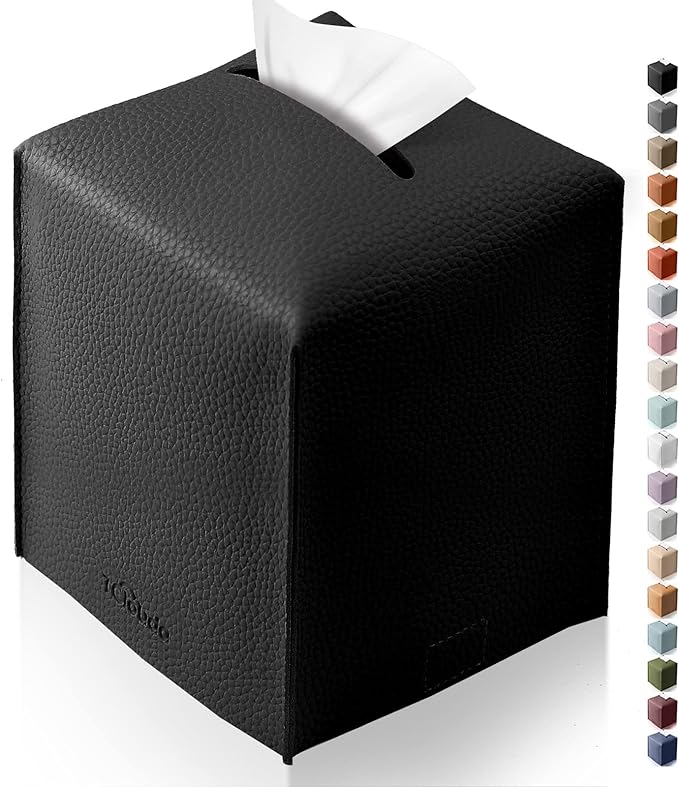 Tissue Box Cover, Tclouda, Modern PU Leather Square Tissue Box Holder for Creative Decorative, Ideal for Bathrooms/Office/Car/Nightstand/Outdoor Tent/Dining Table, 5"X5"X5", Single Black by Tclouda