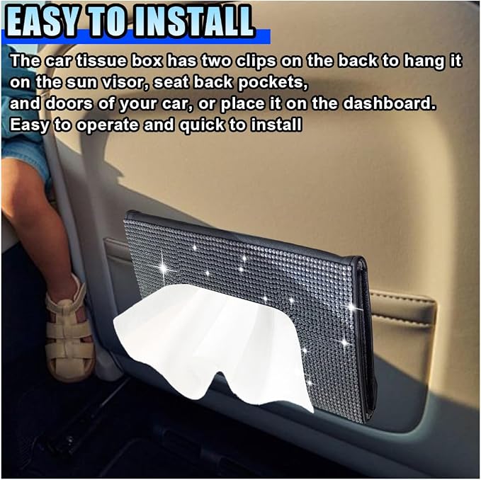 Bling Car Sun Visor Tissue Box Holder, PU Leather Auto Paper Towel Cover, Glitter Crystal Rhinestone Napkin Holder, Car Decoration Accessories for Women (Black/White) - Image 5