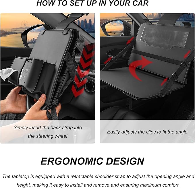 Car Steering Wheel Tray, Foldable Car Laptop Desk Eating Food Tray with Transparent Holder & Tissue Box, Adjustable Back Seat Headrest Table for in-Car Dining Working Studying (Black) - Image 6