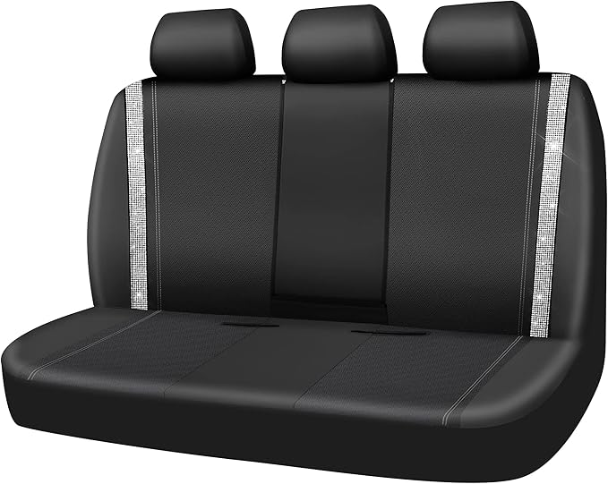 CAR PASS Bling Rhinestone&Leather Back Seat Cover, Waterproof Bench Rear Seat Cover Shining Diamond Universal Fit Automotive Glitter Crystal Sparkle Strips for Kid Women Girl, Silver Diamond by CARPASS