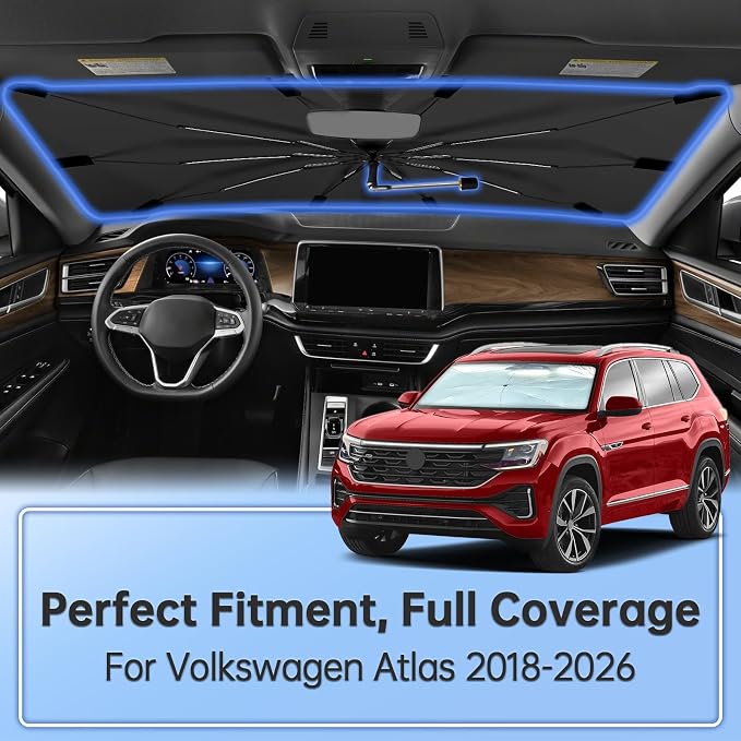 Windshield Sun Shade Umbrella for Volkswagen Atlas 2018-2026 Front Window | Foldable Car Sunshade, 360 Rotation Automotive Interior UV Protection for Outdoor Parking, Keep Car Cool Accessories - Image 2