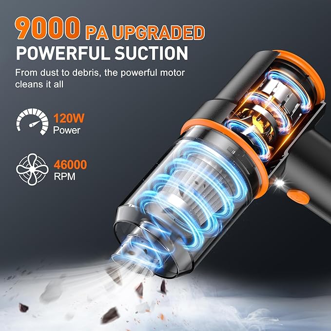 KMM Handheld Car Vacuum Cleaner, 9000PA Hand Held Vacuum & Air Duster | 120W High Power, Portable, Cordless, Rechargeable, Multi-Nozzles & LED Light, For Home, Car, Office - Image 2