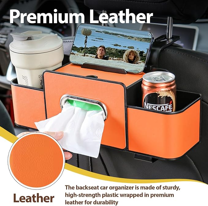 ZenChef Three-in-one Car Organizers and Storage, 2025 New Multi-function Car Tissue Holder, Multi-function Backseat Car Organizer with Cup Holder, Tissue Box, Hook (orange) - Image 6