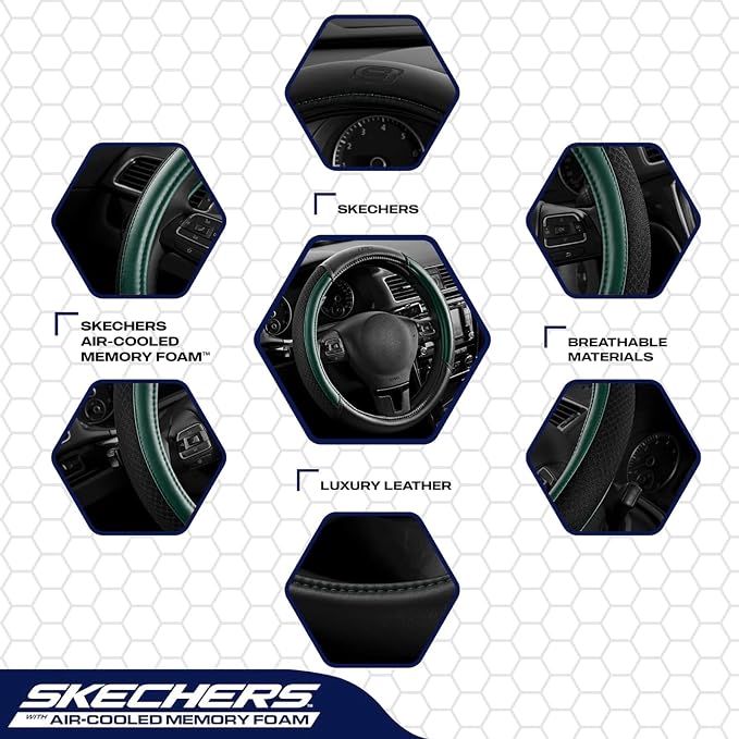 Skechers Air-Cooled Steering Wheel Cover,Leather Car Steering Wheel Cover Universal Fit 14" 1/2-15" Car Wheel Protector for Men Women Fit Suvs,Vans,Sedans,Car,Trucks,Green - Image 3