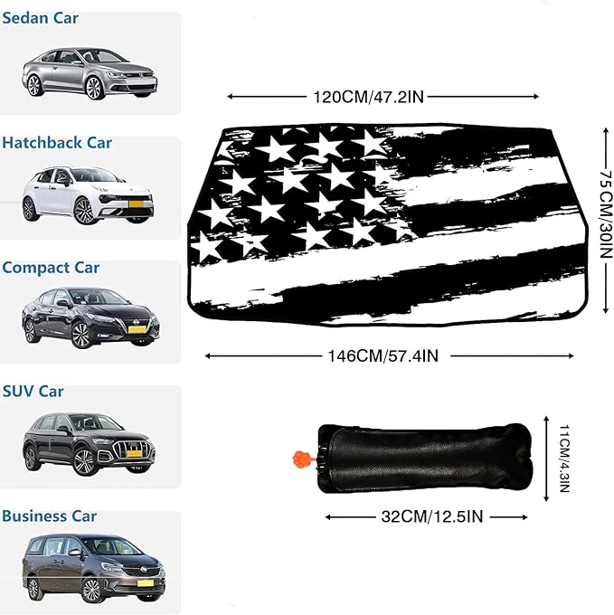 Socira American Flag Car Windshield Sunshade Umbrella Foldable Black | Umbrella Sun Shade Cover Patriotic Sunshade Front Window Cover Interior Blocks Uv Rays Keeps Cool (57" X 30") - Image 3