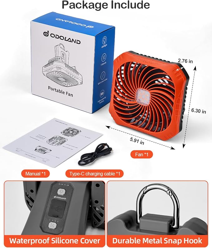 Odoland Portable Camping Fan with LED Lantern, 40H Rechargeable Battery Fan | Quiet Tent Fan with Hanging Hook for RV Car Beach Outdoor Hurricane Emergency Outages, 4-Speed Wind & 3-Color Light - Image 7